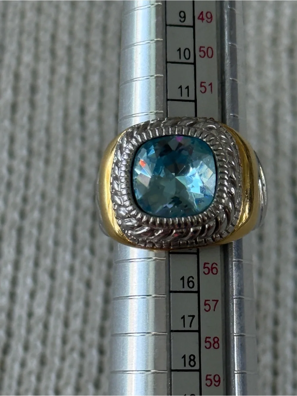Vintage Joan Rivers ring Gold & Silver Tones Faux Blue Topaz Twisted Design